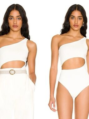 h:ours Celina Bodysuit One-Shoulder Cutout Bodycon Ivory NWT Small
